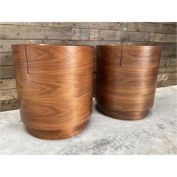 Pair of walnut circular barrel shaped lamp tables, fitted with single drawer