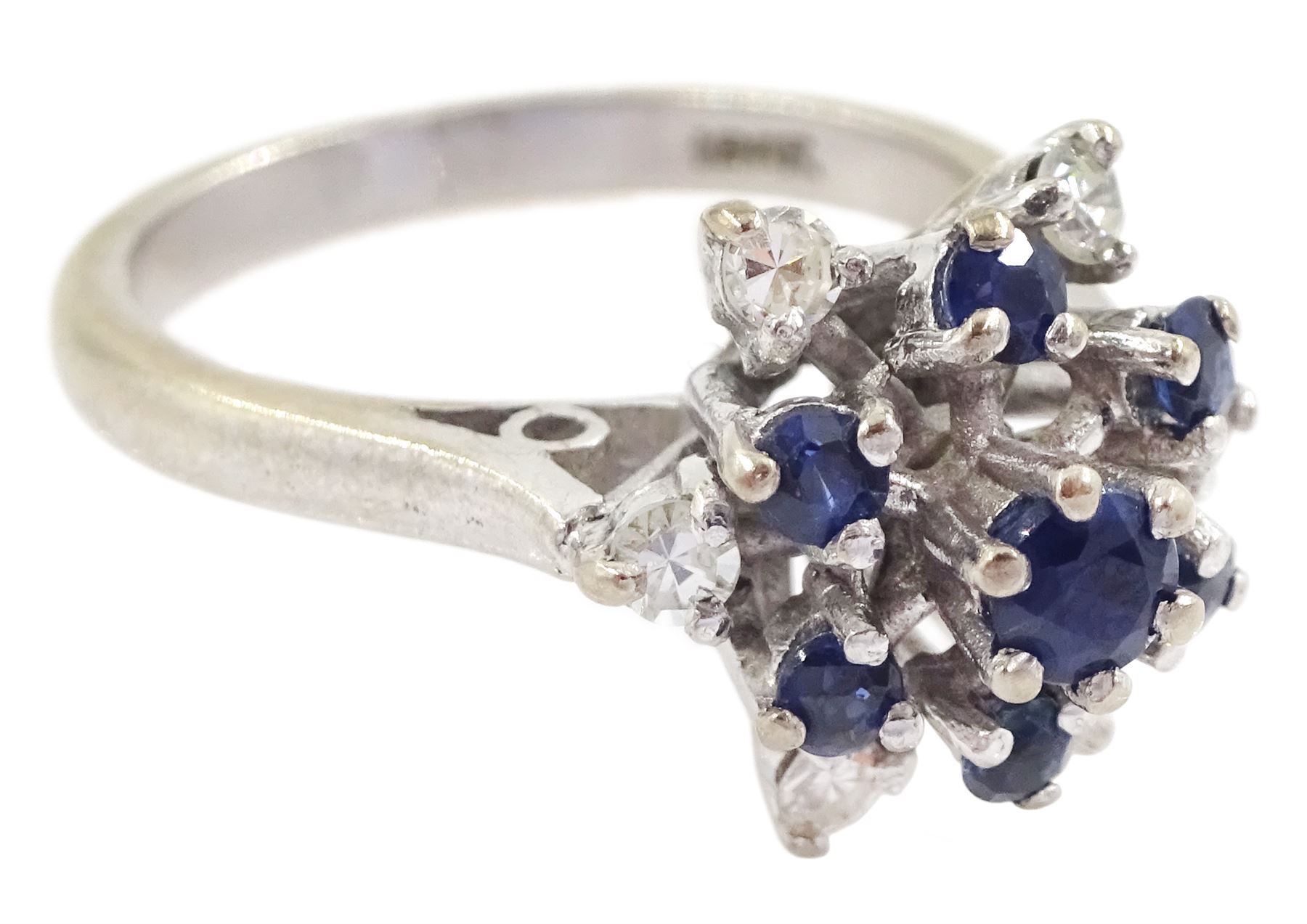 18ct white gold sapphire and single cut diamond cluster ring, stamped