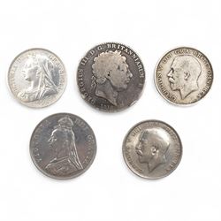 George III 1819 silver crown coin, Queen Victoria 1887 double florin, 1897 halfcrown and t...