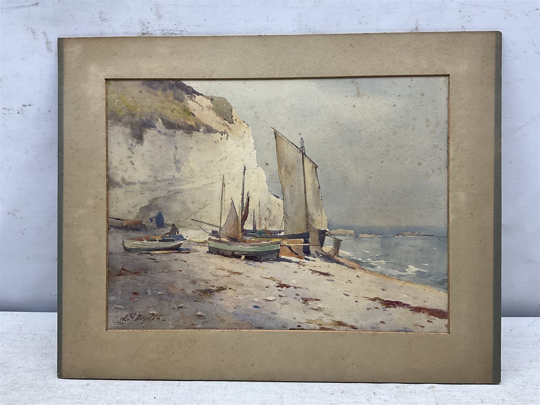 Charles William Adderton (British 1866-1944): Fishing Boats at Flamborough, watercolour signed 26cm x 35cm (unframed)
Provenance: direct from the family of the artist Harry Wanless 1872-1934, part of a collection never previously seen on the market
Notes: Adderton was a friend of the brothers Harry and Charles Wanless, all of whom studied under Albert Strange at the Scarborough School of Art School. Adderton had a studio at 55 Sandside, Scarborough between 1894 and 1901, he moved to Ockbrook Derby and later to Robin Hoods Bay where he was a member of the Fylingdales Group of Artists