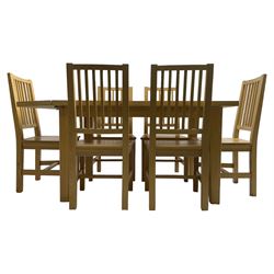 Solid beech rectangular dining table (89cm x 135cm - 160cm, H77cm), and a set of five beech dining chairs