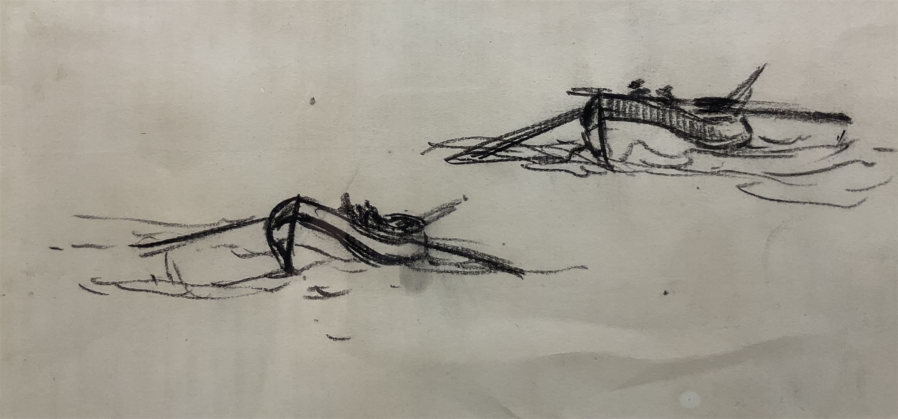 Joseph Richard Bagshawe (Staithes Group 1870-1909): Rowing Boats at Sea, charcoal sketch unsigned 8cm x 17cm 
Provenance: with Pybus Fine Arts, Whitby 2002, from one of the artist's sketchbooks, label verso