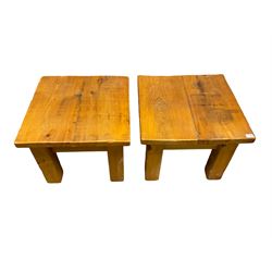 Two pine square coffee tables on block supports