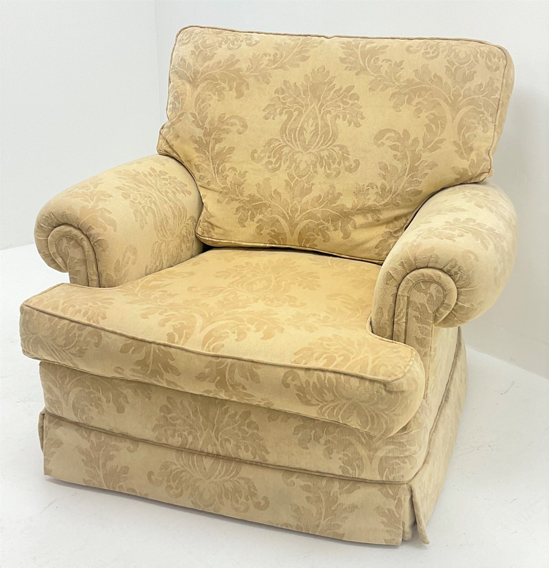 Duresta Waldorf Grande - three seat sofa (L230cm, D100cm) and matching armchair (W115cm, D100cm), scroll arms, upholstered in a pale gold foliate patterned fabric with matching scatter cushions 