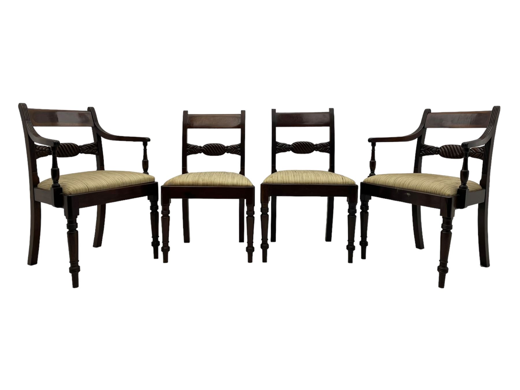 Georgian design set of six (6+2) mahogany dining chairs, the bar cresting rail inlaid with figured mahogany panel, shaped twist lobe carved middle rail with extending stylised leaf decoration, upholstered drop-in seat, on turned front supports 