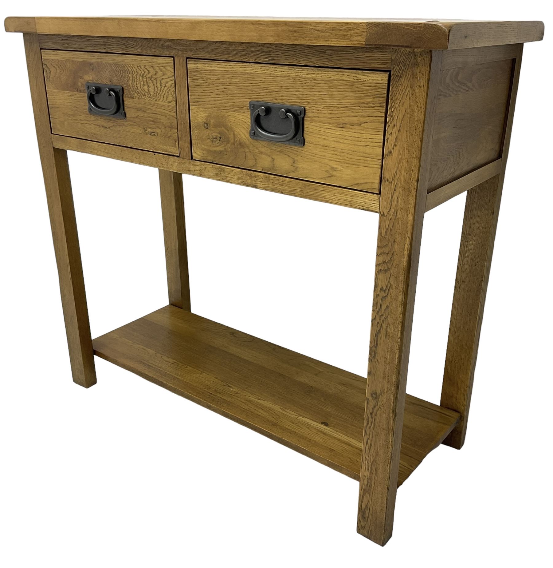 Light oak console table, rectangular top over two drawers, on rectangular supports united by under-tier