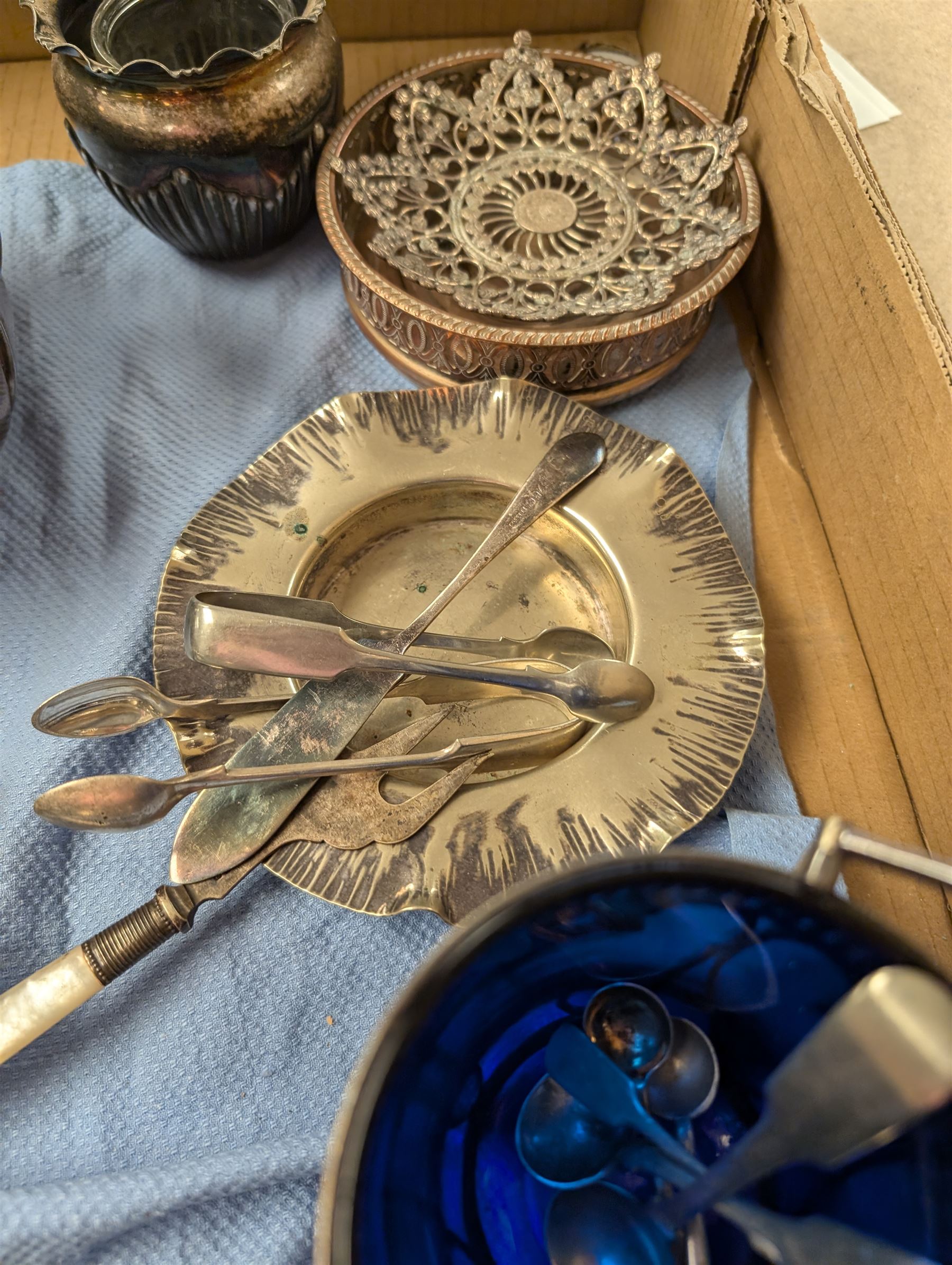 Collection of silver plated items, including jug, bon bon dish, flatware, etc 