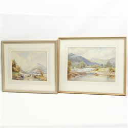 John A Trench (British fl.1882-1923): Highland Landscape with Cattle and A Calm Stream, two watercolours signed and dated 1909 and 1908, max 24cm x 34cm (2)