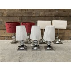 Pair brushed satin table lamps with red shade, three table lamps with pleated shade and pa...