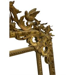 19th century giltwood and gesso pier mirror, shell cartouche pediment decorated with flower heads and scrolling foliage, two bird motifs to each side, egg and dart moulded frame with beaded inner slip, plain mirror plate, each corner mounted by scrolled acanthus leaves and cartouches