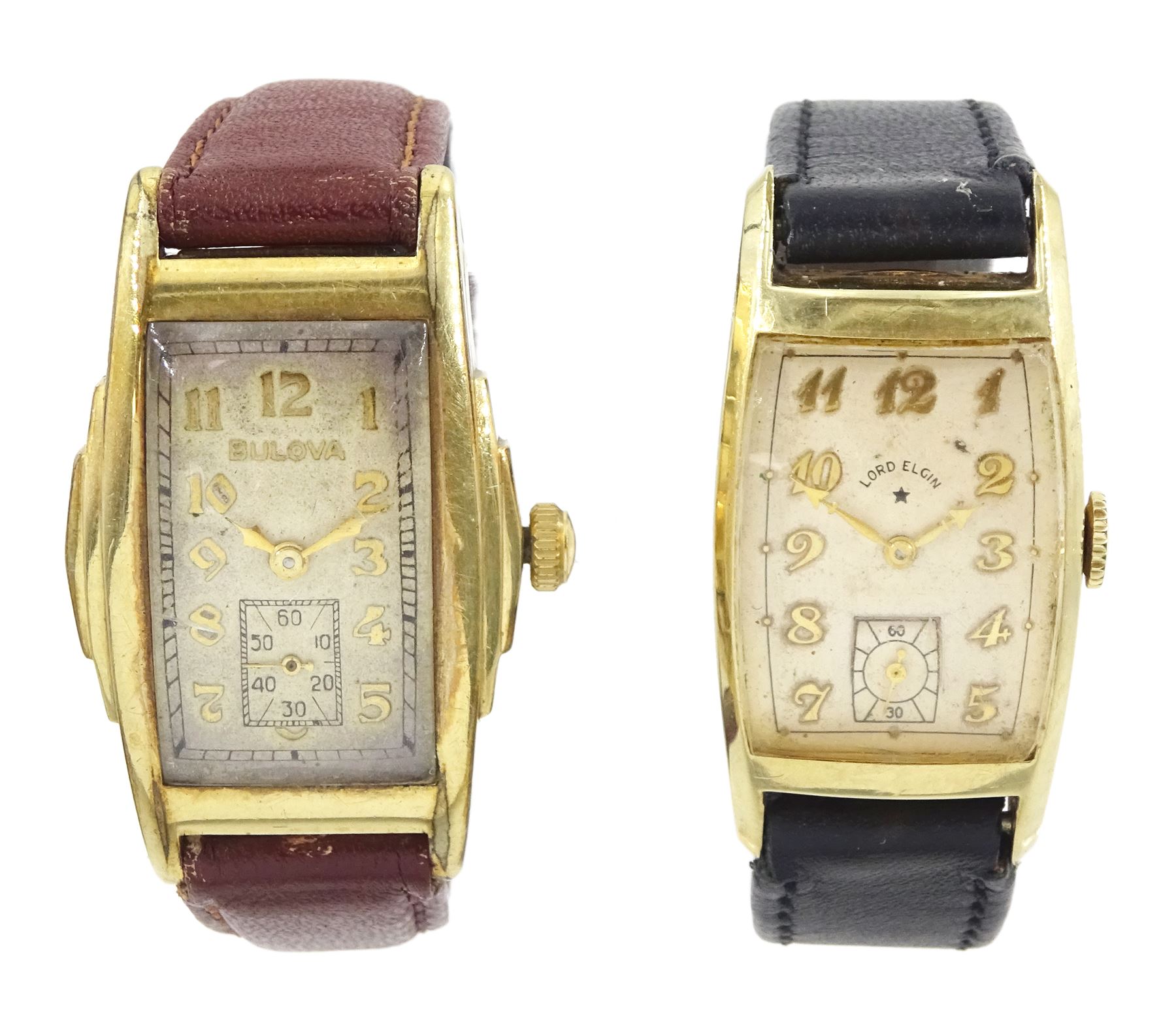 Lord Elgin gold-plated gentleman's manual wind rectangular wristwatch, the back case initialled and dated 1940 and a Bulova gold-plated manual wind wristwatch, both silvered dials with subsidiary seconds dial