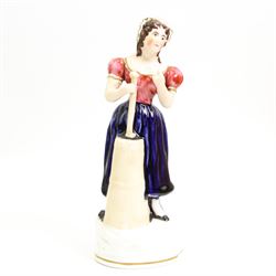 Early 19th century Staffordshire figure modelled as a shepherdess and lamb before a bocage, H17cm, Staffordshire dairy maid, Rebecca at the Well and another, together with a 19th century Samson poodle in the Chelsea style and Samson porcelain model of the Tythe Pig group (6)