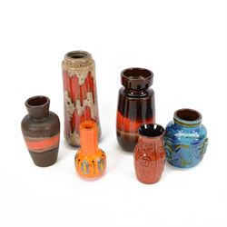 Six West German and similar vases, including lava example and orange bottle neck example, ...