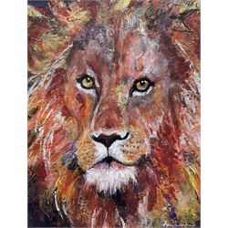 Ann Lamb (British 1955-): Proud Lion, mixed media on canvas laid onto board 34cm x 26cm 