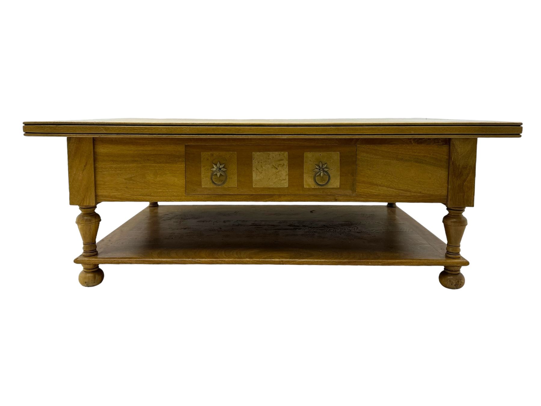 Barker & Stonehouse 'Flagstone' range mango wood coffee table, fluted rectangular top with marquetry inlay, over two drawers with turned supports connecting undertier, raised on bun feet 