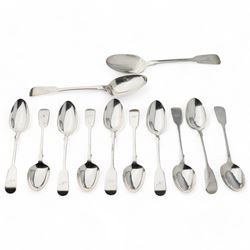 Ten Victorian silver fiddle pattern dessert spoons, various dates and makers and a pair of...