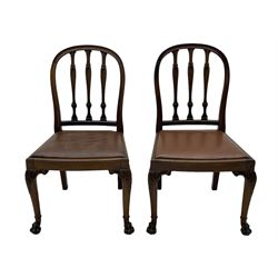 Set of six early 20th century Hepplewhite design mahogany dining chairs, moulded arched frame back, three shaped vertical rails carved with stylised foliate decoration, drop-in seats upholstered in brown fabric within moulded seat rails, on acanthus leaf carved cabriole supports with paw carved terminals 