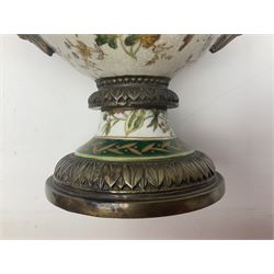 Wong Lee, twin handled ceramic urn with enamelled floral decoration and bronzed metal mounts, marked to base, height 33cm