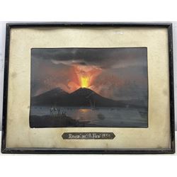 Neapolitan School (Mid 19th century): 'Vesuvius Erupting 9th Febuary 1850' seen from the Riviera di Chiaia Beach Tower over the Bay of Naples, set of three gouaches night and day with American Paddle steamer in the foreground, unsigned titled and dated 16cm x 23cm (3)