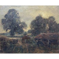 Herbert F Royle (British 1870-1958): Farmstead with Figures and Horses, oil on canvas sign...