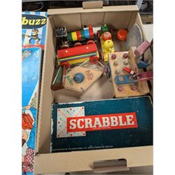 Chad Valley toys and games, including Give A Show projector and a wooden tool bench, together with other wooden toys, Lone Star Trail Boss cap gun and board games