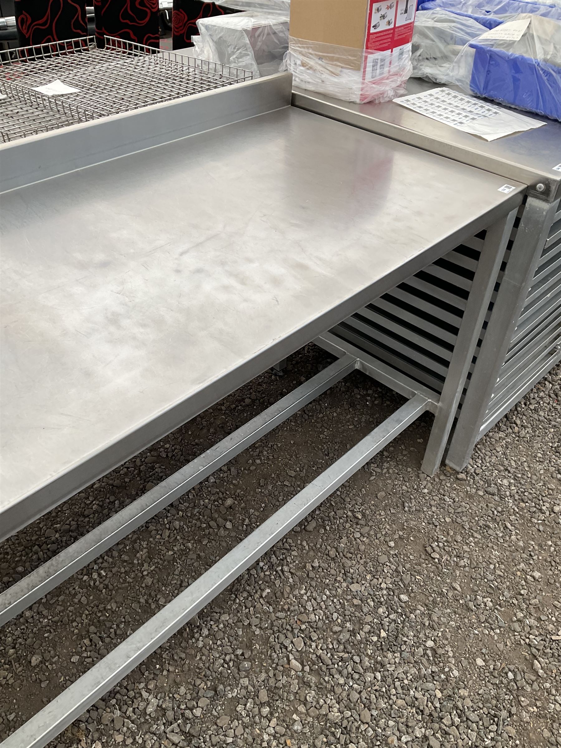 Aluminium framed preparation table with stainless top, barred under-tier, raised back - THIS LOT IS TO BE COLLECTED BY APPOINTMENT FROM DUGGLEBY STORAGE, GREAT HILL, EASTFIELD, SCARBOROUGH, YO11 3TX