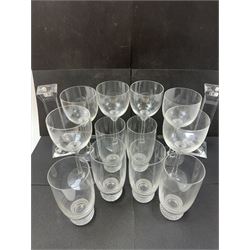 Twelve Villeroy & Boch Octavie glasses, to include six red wine glasses and six tumblers, each glass with hobnail cut decoration, together with a pair of Villeroy & Boch faceted glass candlesticks