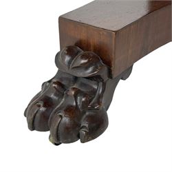 Mid-19th century rosewood breakfast or centre table, circular tilt-top on tapered barrel pedestal, concaved triangular platform, on carved paw feet with castors 