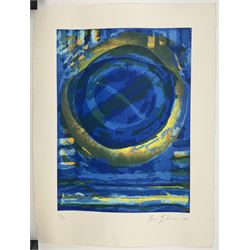 Kip Gresham (British 1951-2024): Abstract Blue and Yellow Circles, limited edition screenprint signed dated 1996 and numbered 15/20 in pencil, pub. Kip Gresham Editions 56cm x 41cm (unframed)