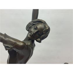 Art Deco style bronze, after Bruno Zach, modelled as a dancer with her arms raised, on a veined marble tapering base signed B. Zach and with foundry seal, H65cm