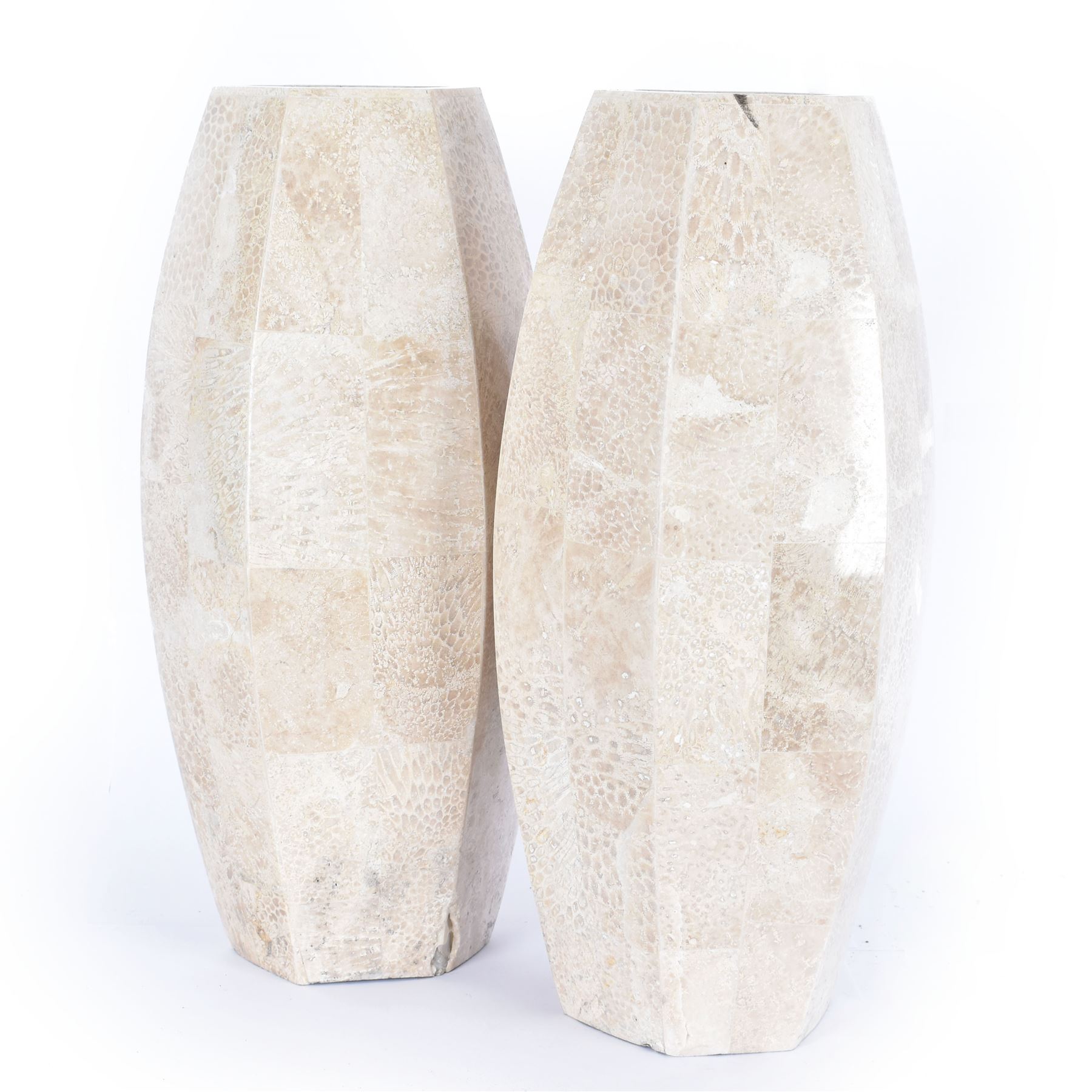 Pair of fossilised coral mosaic vases, of hexagonal form, H46cm