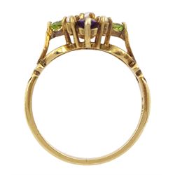 Silver-gilt peridot, amethyst and pearl ring, stamped