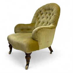 Late 19th century button-back nursing chair, upholstered in olive-green velvet, shaped bac...