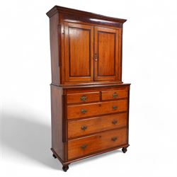 George III oak and mahogany banded house keeper's press cupboard, projecting cornice over ...