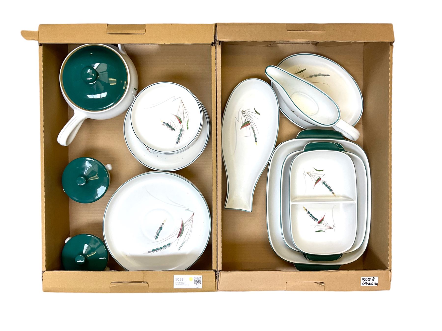 Denby part dinner service, decorated in the Greenwheat pattern, comprising dinner plates, dessert plates, side plates, lidded tureen, pair of smaller lidded dishes, sauce boat, and various serving dishes, in two boxes