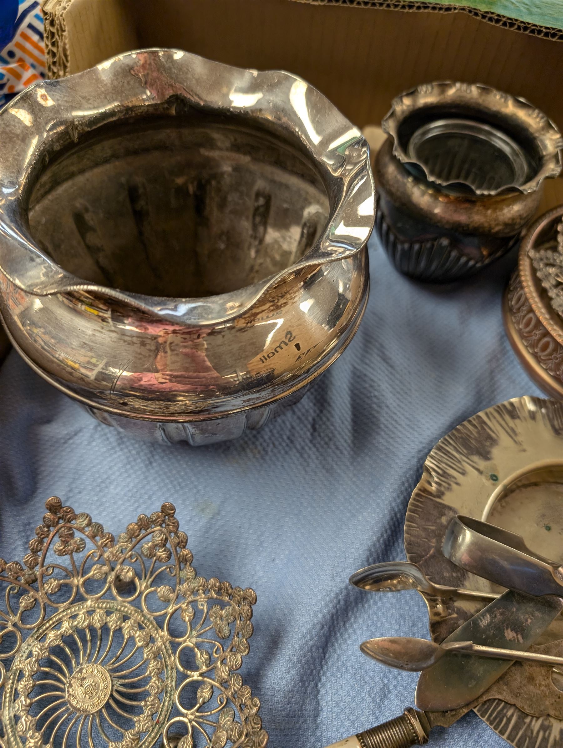 Collection of silver plated items, including jug, bon bon dish, flatware, etc 