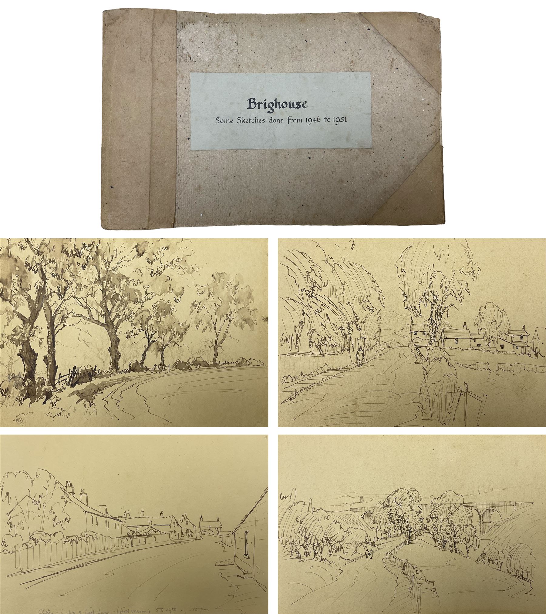 Albert Thomas Pile (British 1882-1981): 'Brighouse - Some Sketches done from 1946 to 1951', original sketchbook comprising approximately 35 pen and ink sketches, variously signed titled and dated, overall 21cm x 33cm