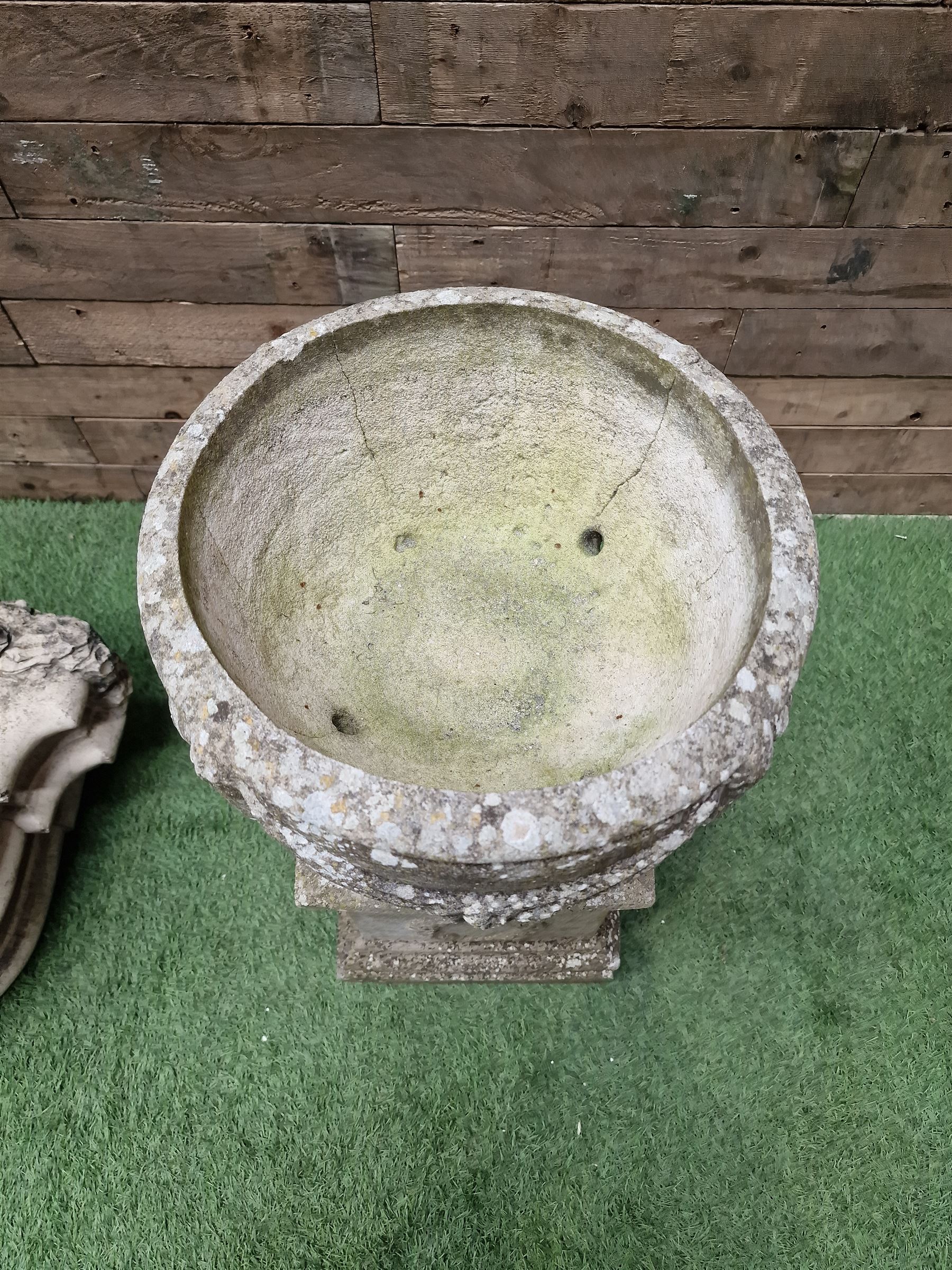 Three section cast stone garden figure of a boy carrying fishing net and a satchel with a water feature together with a cast stone planter on plinth - THIS LOT IS TO BE COLLECTED BY APPOINTMENT FROM DUGGLEBY STORAGE, GREAT HILL, EASTFIELD, SCARBOROUGH, YO11 3TX