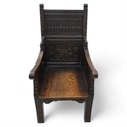 18th century and later Wainscot armchair, moulded cresting rail over stop-flute carved pan...