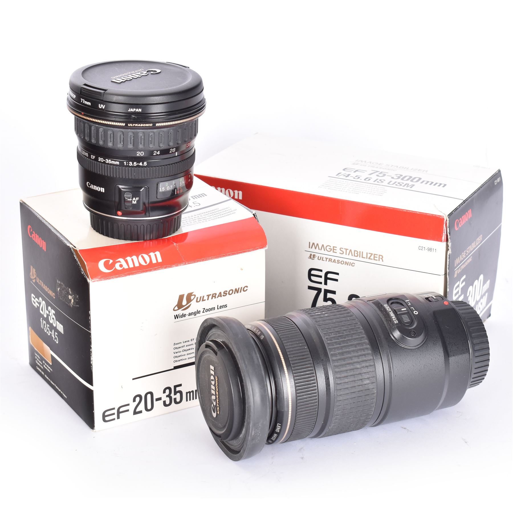 Two Canon Ultrasonic EF camera lenses, comprising 20-35mm 1:3.5-4.5 zoom lens serial no. 7800971F and 75-300mm 1:4-5.6 Image Stabiliser lens serial no. 6200116H, both boxed 