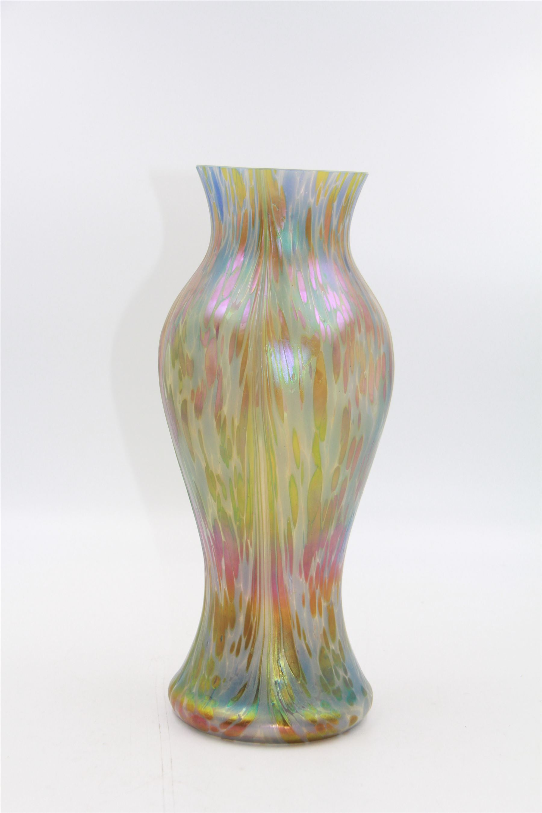 Austrian Art Nouveau iridescent glass vase, in the manner of Loetz, of baluster form with dimpled body, the pale blue glass with colourful iridescence throughout, H28cm