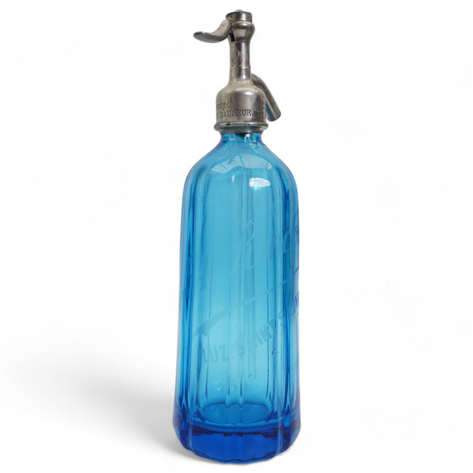 Two French blue glass soda syphons, H32cm