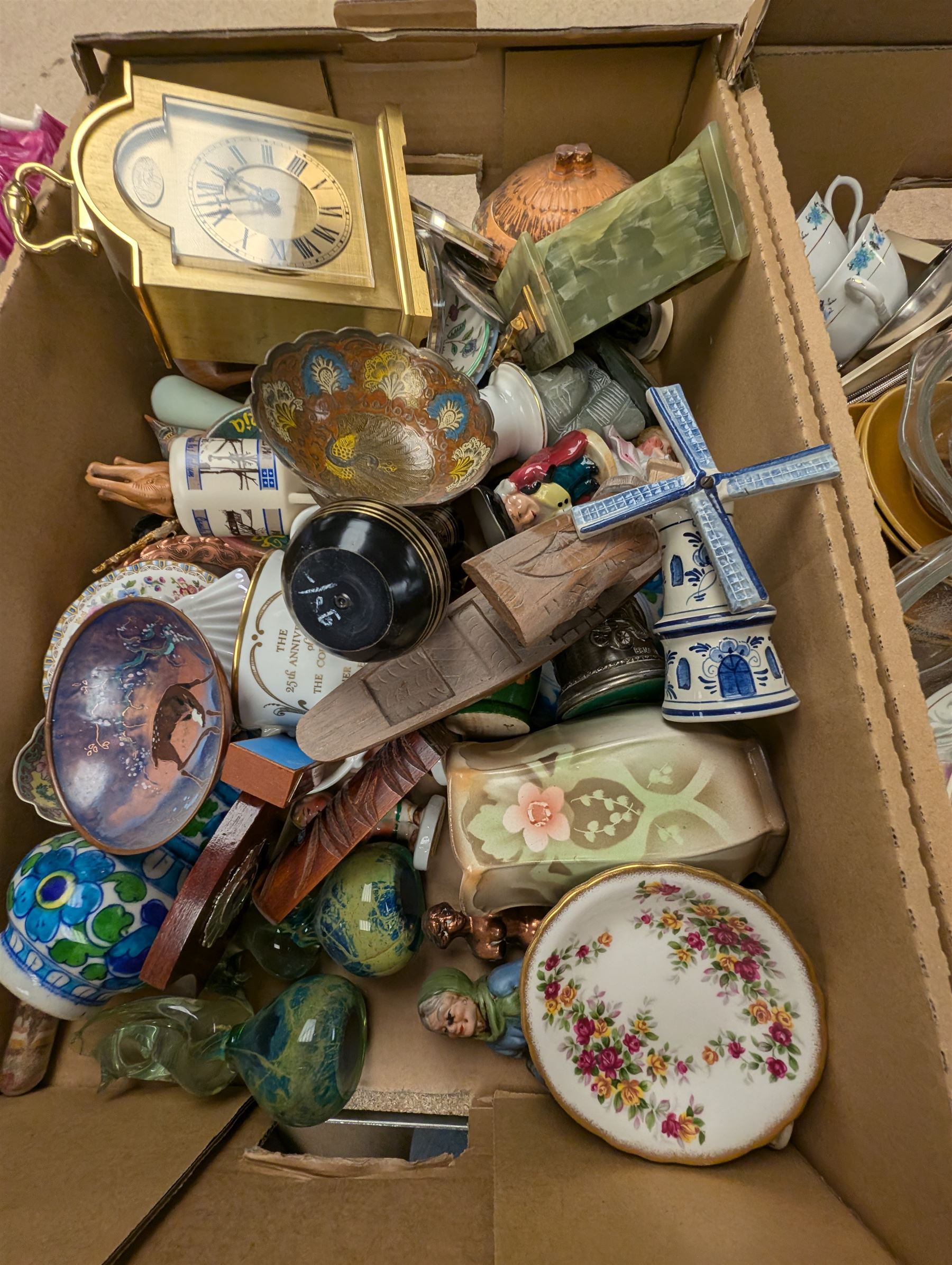 Two Diana Portrait of a Princess coins, two mantle clocks, an electric table lamp decorated with hunting scenes and other collectables