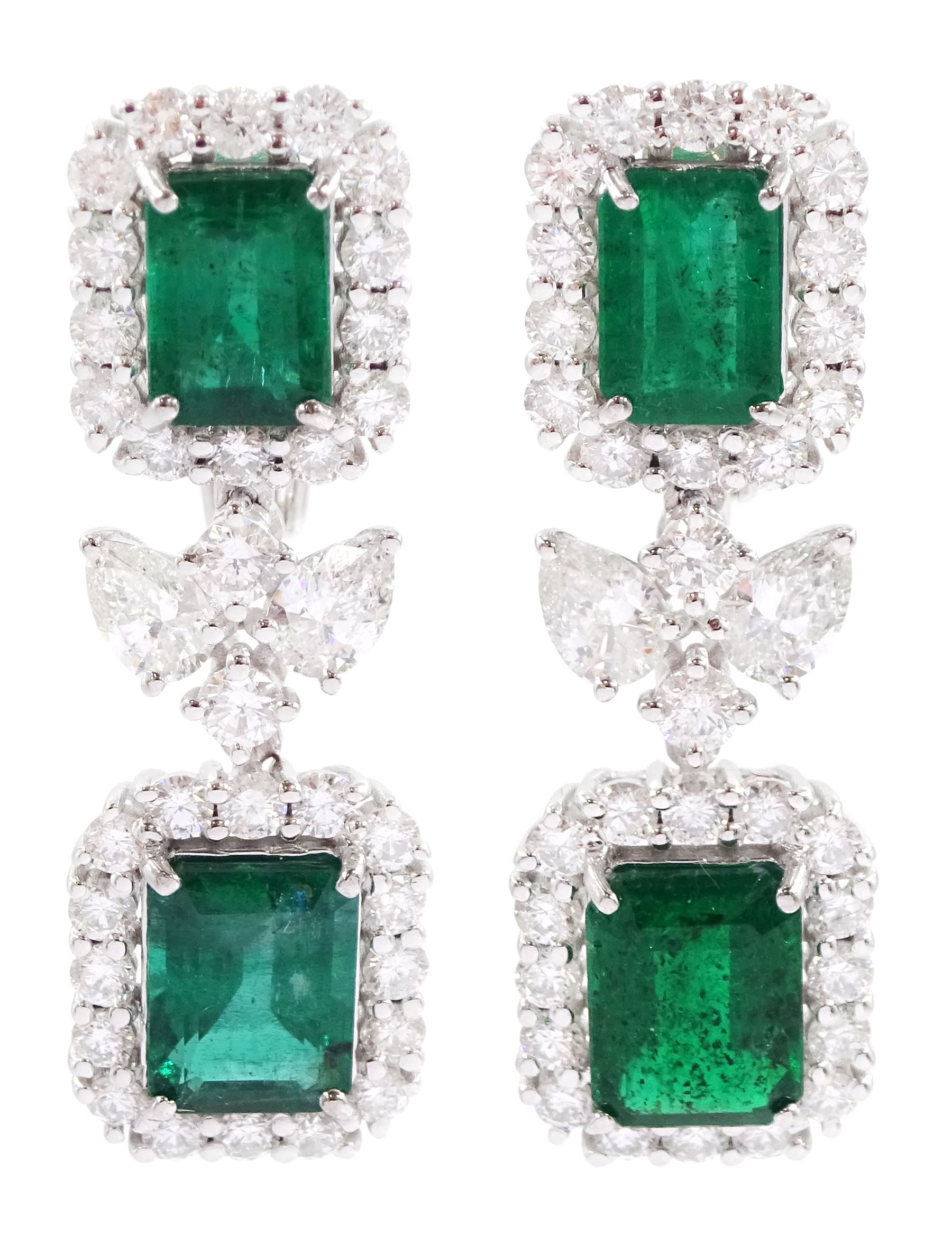 Pair of 18ct white gold octagonal cut emerald, pear cut and round brilliant cut diamond cluster pendant stud earrings, stamped, total emerald weight appro 4.85 carat, total diamond weight approx 2.85 carat