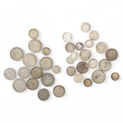 Approximately 120 grams of Great British pre 1920 silver coins, including sixpences, florins etc and approximately 160 grams of Great British pre 1947 silver coins including halfcrowns etc