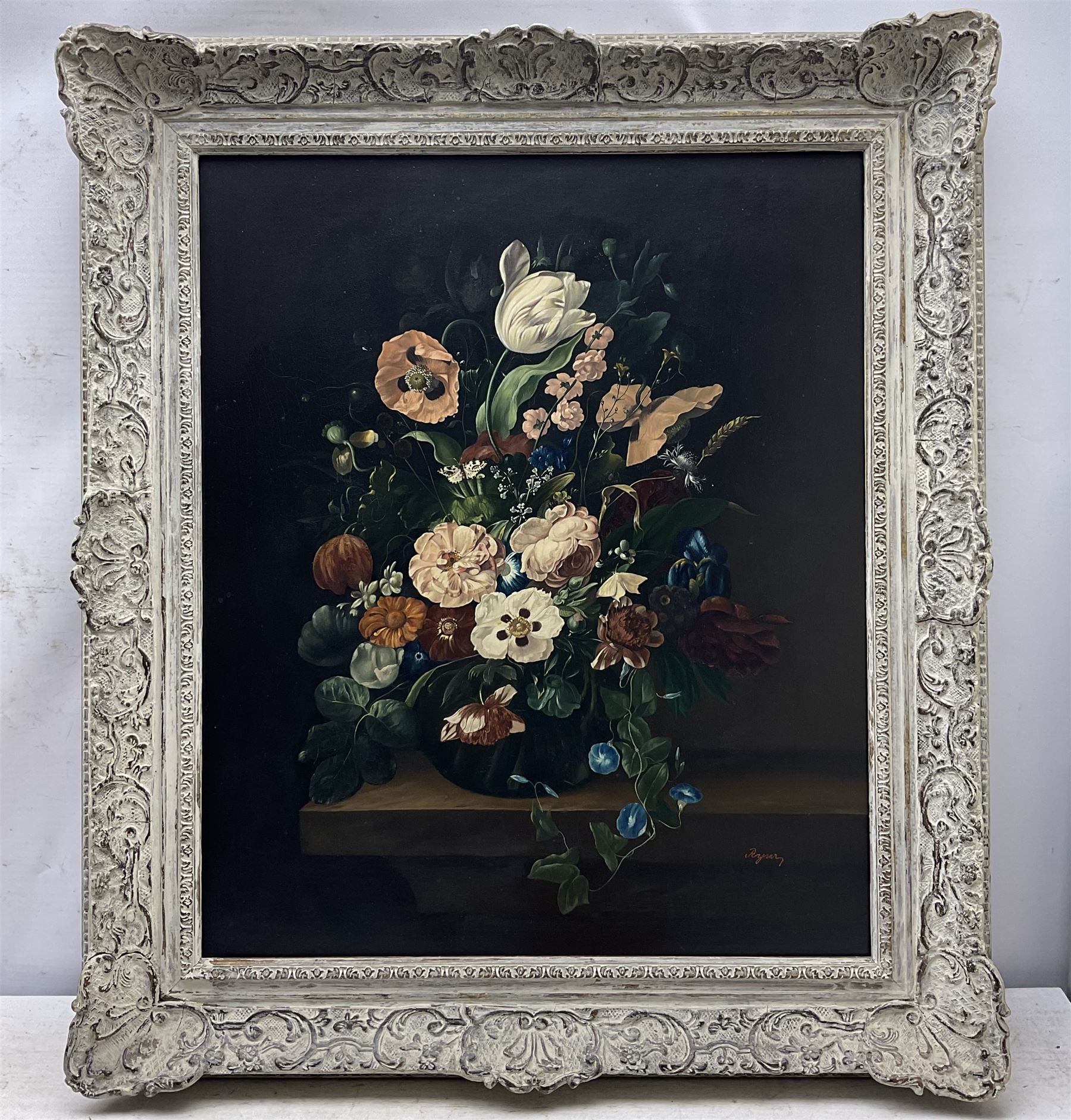 Dutch School (20th century): Still Life  of Flowers, oil on metal panel indistinctly signed 58cm x 49cm 