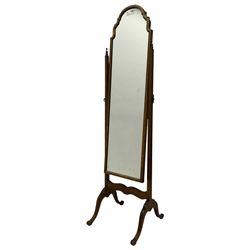 Georgian design walnut cheval dressing mirror, shaped and stepped arch top, tapered supports with finials, on shaped splayed supports 