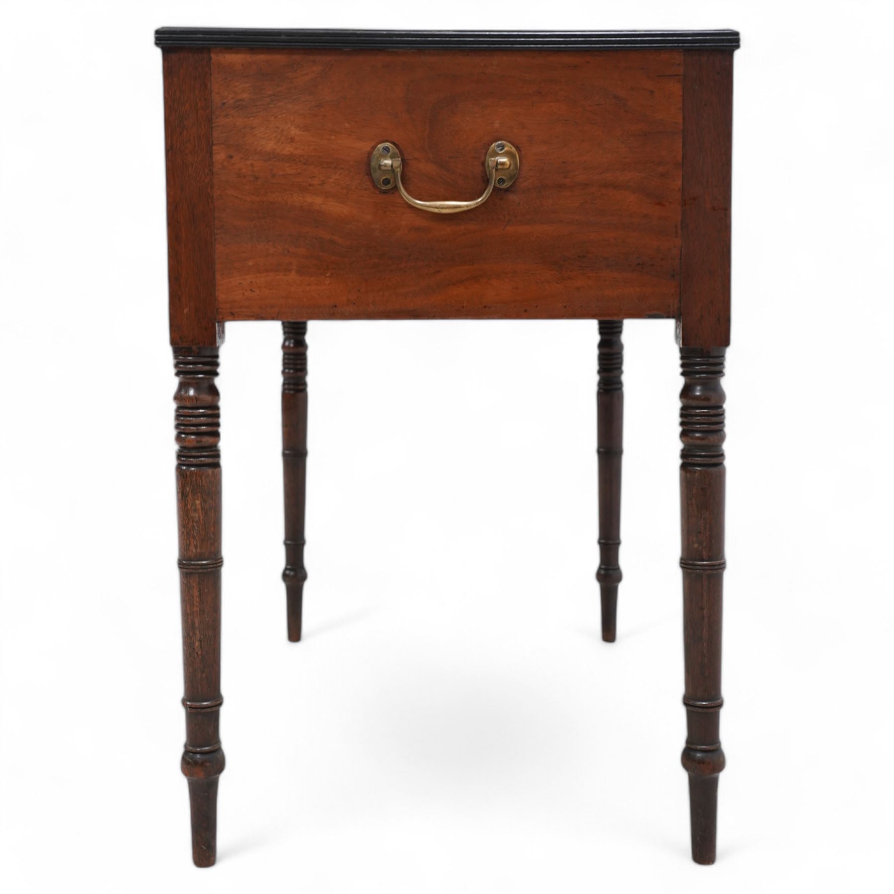 Georgian mahogany side table, rectangular reeded top over two small drawers and flanking cupboards, false drawer to the opposing side, fitted with carrying handles, on ring turned supports