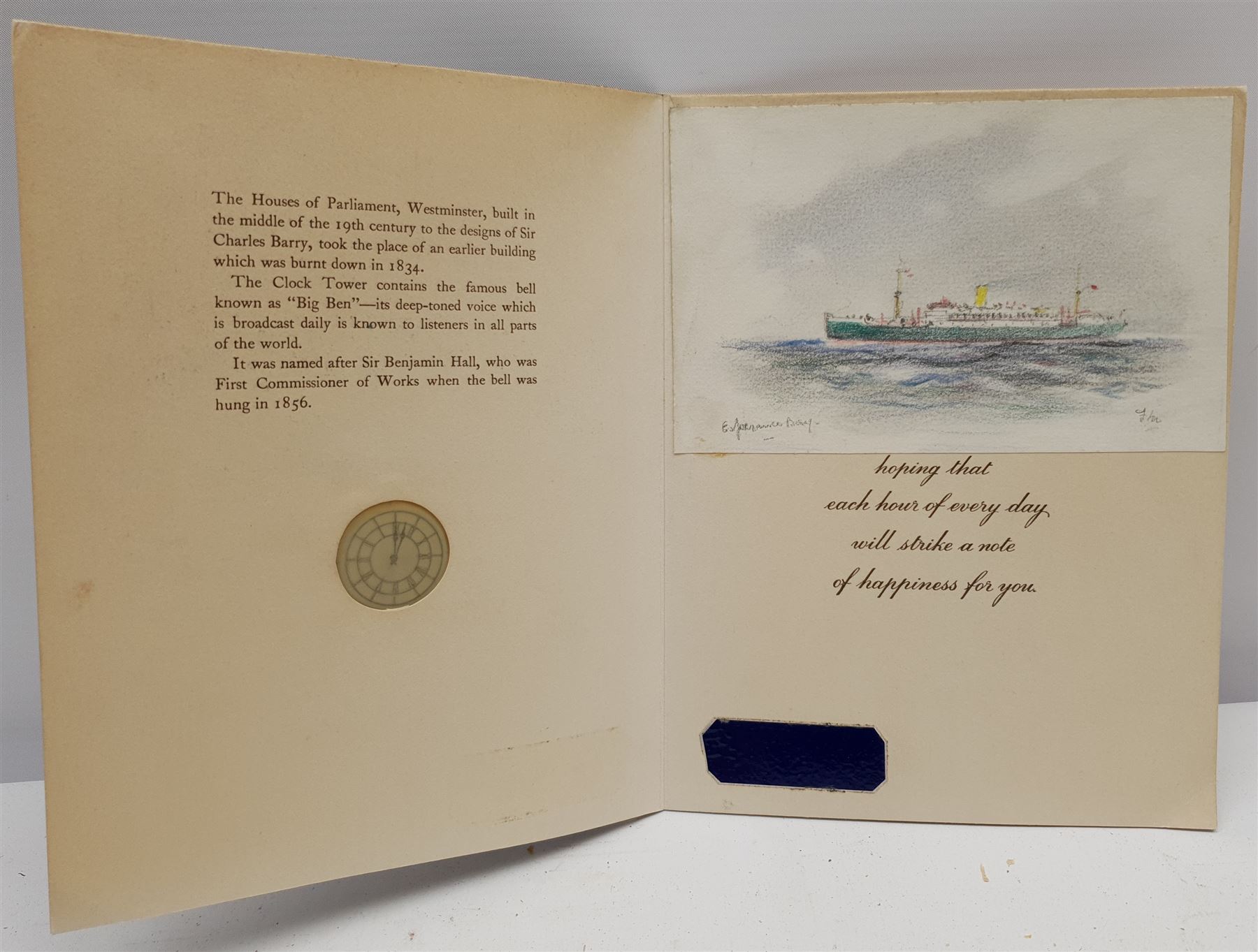 Frank Henry Mason (Staithes Group 1875-1965): 'Esperance Bay' - Steam Liner, crayon sketch signed with initials and titled 9cm x 14.5cm, attached inside a Tuck card depicting Big Ben
Provenance: from the estate of Christine Dexter and by descent from the artist's sister Eleanor Marie (Nellie)