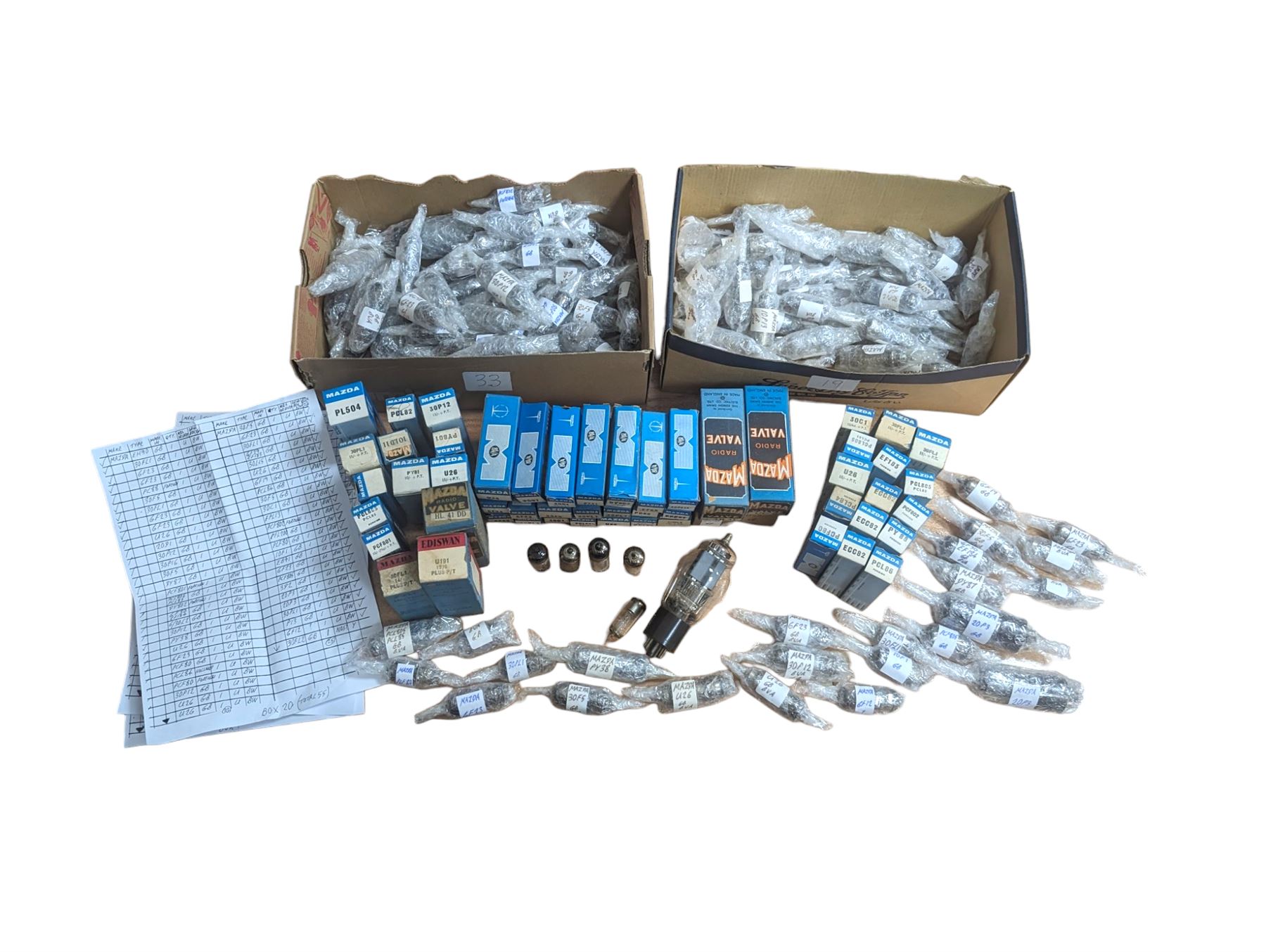 Large collection of Mazda thermionic radio valves/vacuum tubes, including boxed examples and loose bubble wrapped and identified examples